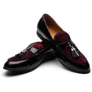 Jitai Mens 7 Black Red Shiny Faux Patent Leather Slide On Tassel Loafer Shoes